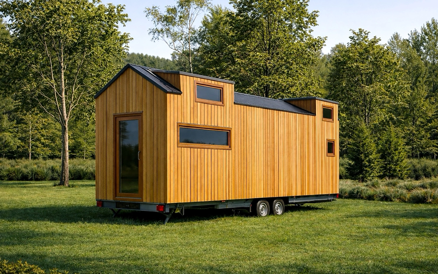 Gemütliches Badezimmer im Tiny House Family mit Dusche und warmem Holzdesign