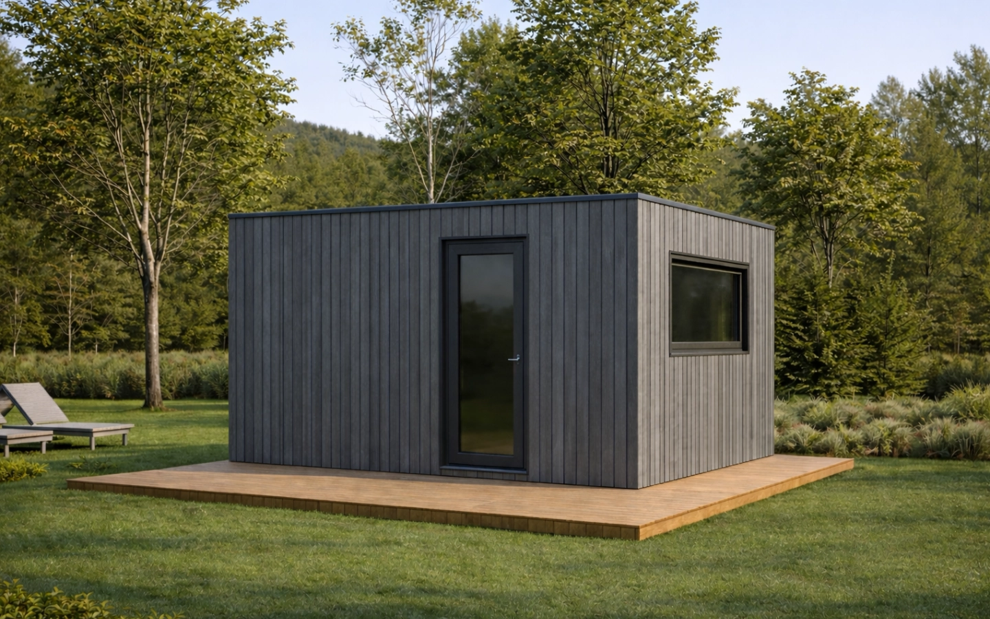 Tiny House Office Innenraum mit moderner Ausstattung, nachhaltigen Materialien und hellem oder dunklem Design für konzentriertes Arbeiten