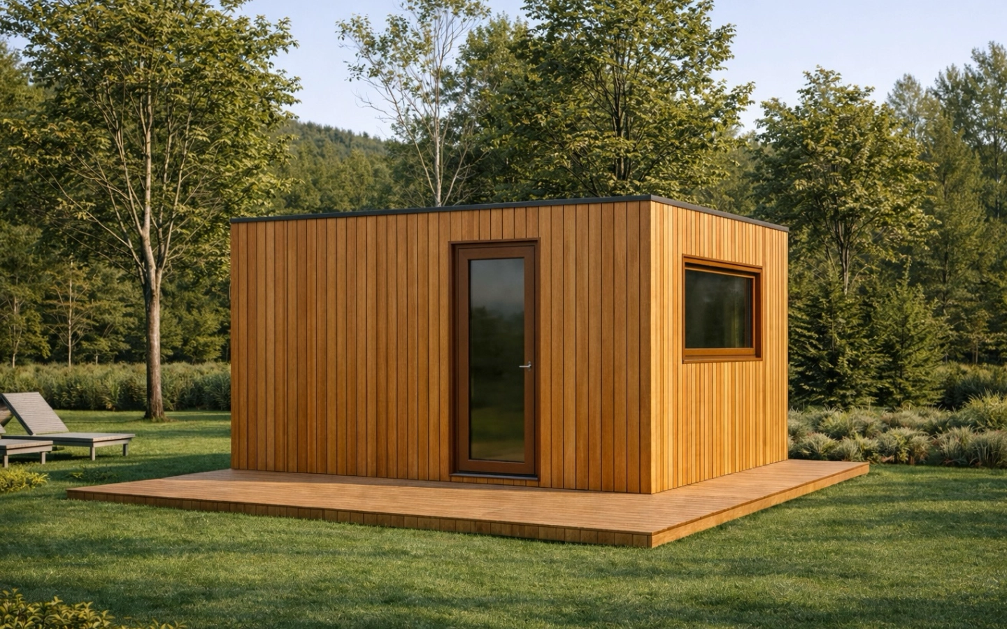 Tiny House Office Innenraum mit moderner Ausstattung, nachhaltigen Materialien und hellem oder dunklem Design für konzentriertes Arbeiten